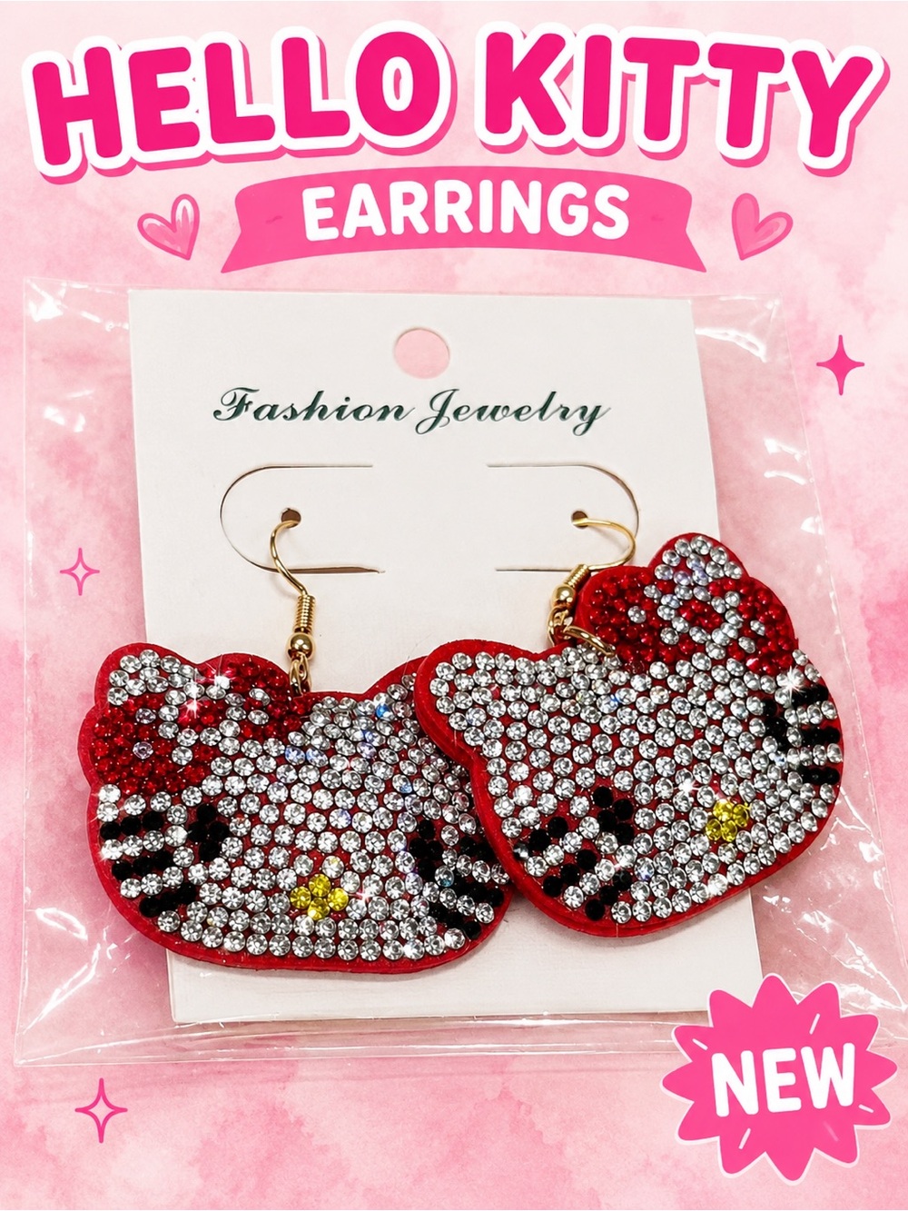 Hello Kitty Red and White Rhinestone Dangle Earrings